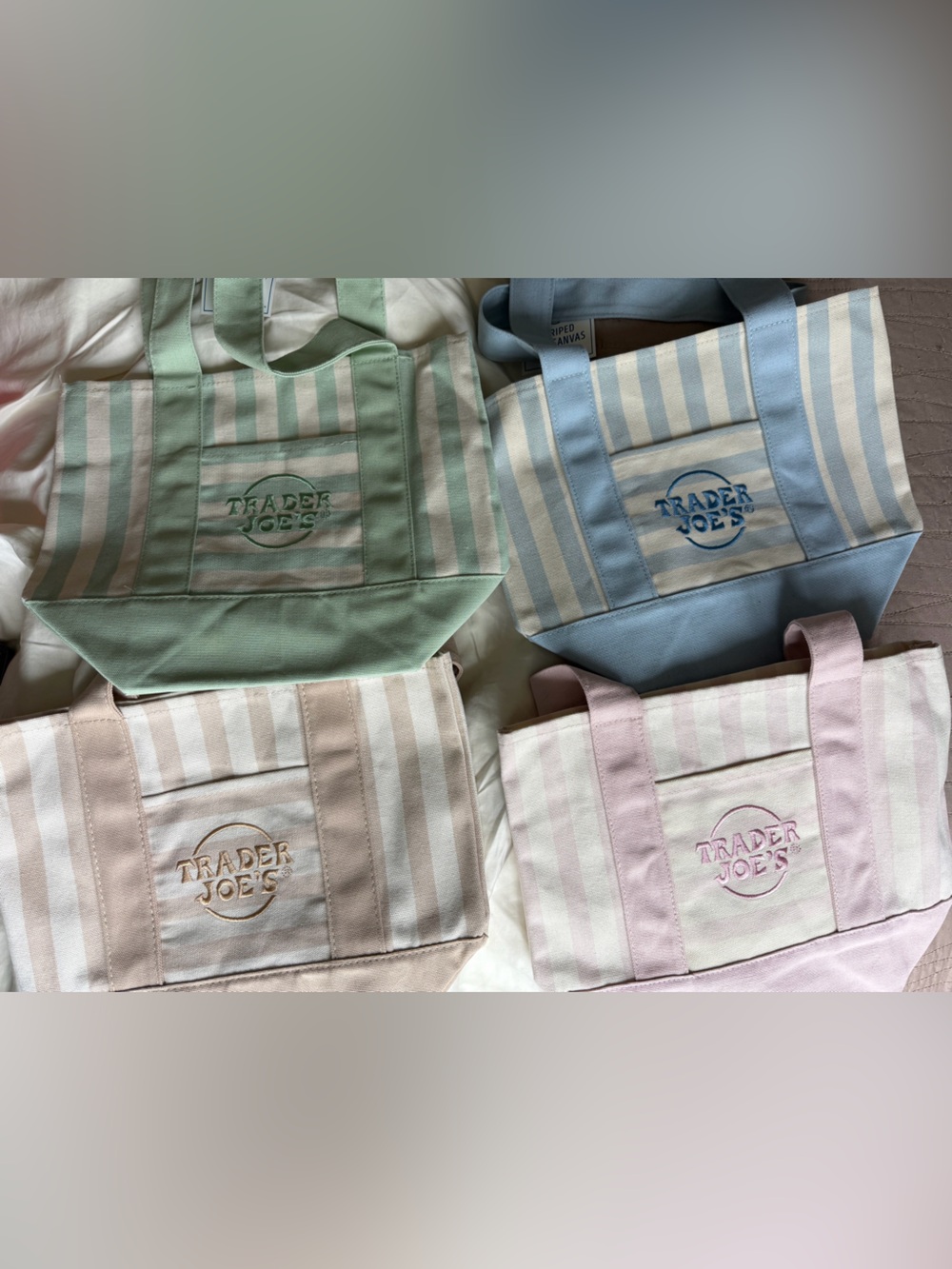 Trader Joe’s summer 2026 striped canvas mini totes embroidered NEW SET